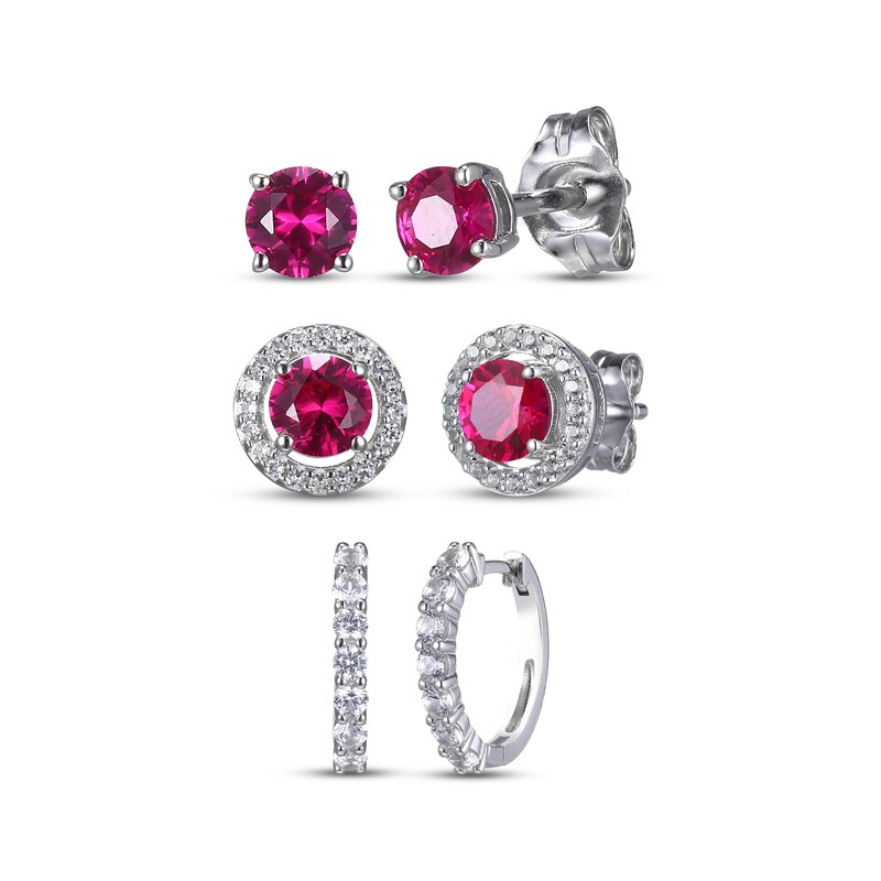 Round-Cut Lab-Created Ruby & White Lab-Created Sapphire Stud & Hoop Earrings Gift Set Sterling Silver
