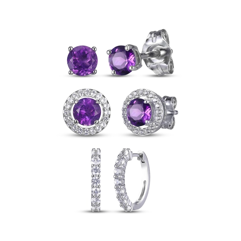 Round-Cut Amethyst & White Lab-Created Sapphire Stud & Hoop Earrings Gift Set Sterling Silver