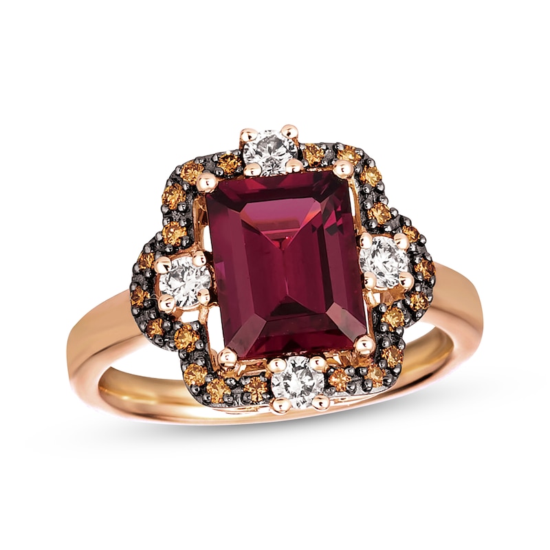 Main Image 1 of Le Vian Emerald-Cut Rhodolite Garnet Ring 3/8 ct tw Diamonds 14K Strawberry Gold