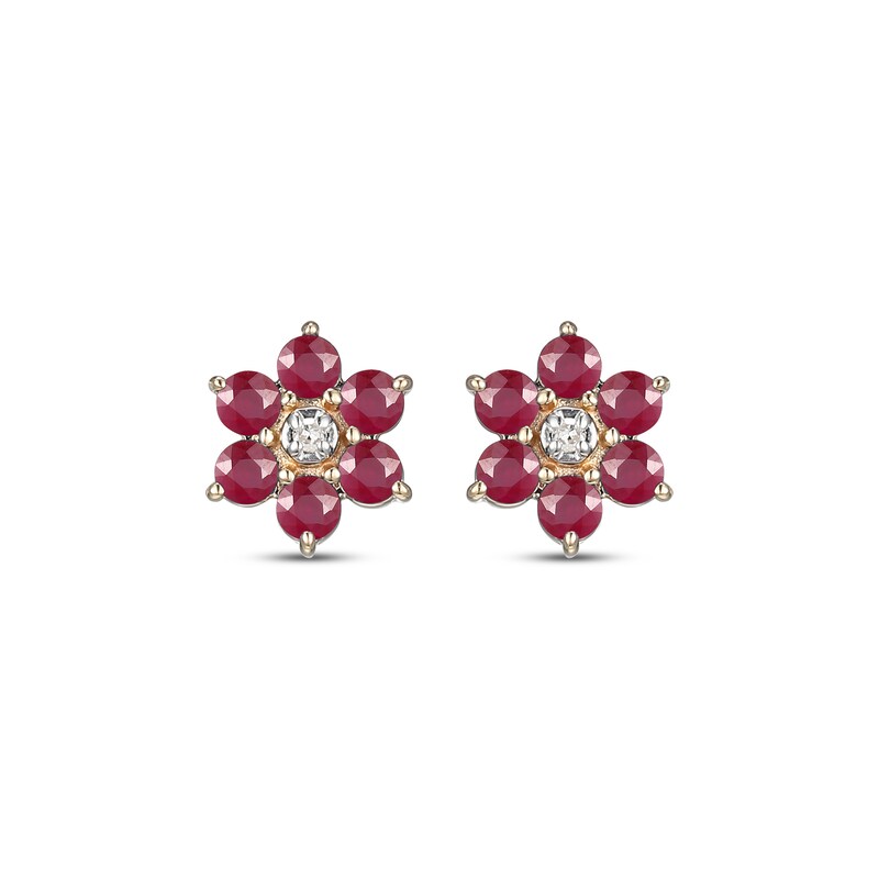 Main Image 2 of Natural Ruby & Diamond Accent Flower Stud Earrings 14K Yellow Gold