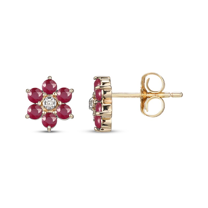 Main Image 3 of Natural Ruby & Diamond Accent Flower Stud Earrings 14K Yellow Gold