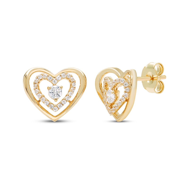 Main Image 1 of Believe in Love Diamond Double Heart Stud Earrings 1/4 ct tw 10K Yellow Gold