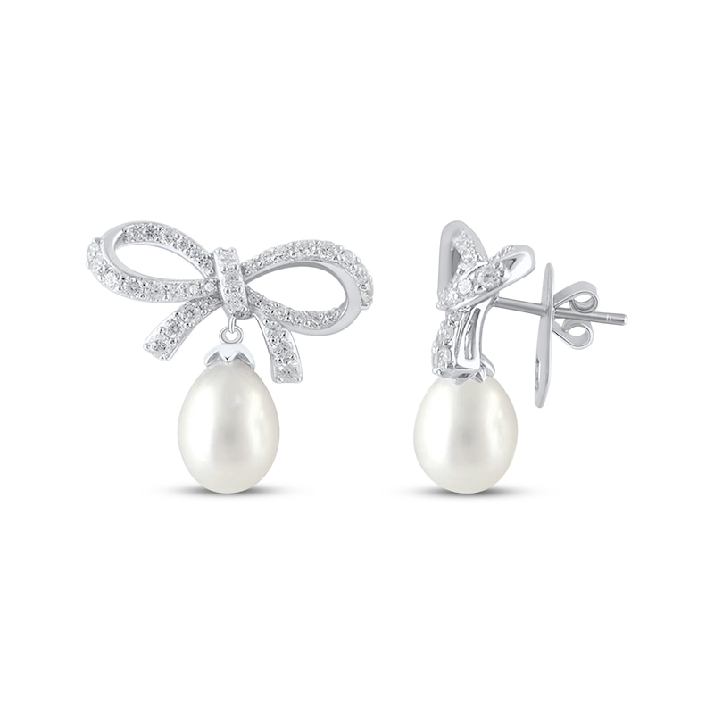 Main Image 3 of Cultured Pearl & White Lab-Created Sapphire Bow Drop Earrings Sterling Silver