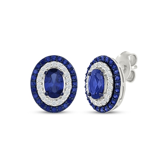 Oval-Cut Blue Lab-Created Sapphire & White Lab-Created Sapphire Halo Earrings Sterling Silver