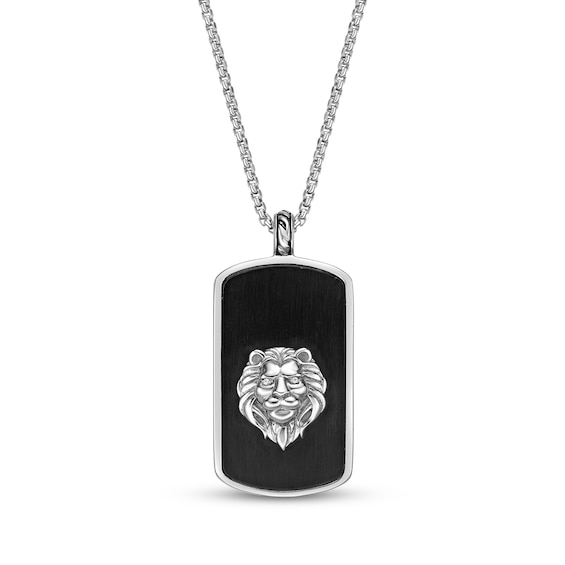 Men's Cubic Zirconia Lion Dog Tag Necklace Stainless Steel & Black Ion Plating 24"