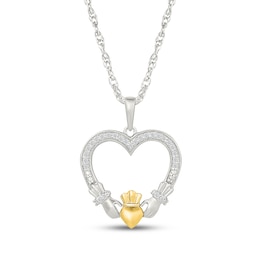 Diamond Claddagh Heart Necklace 1/10 ct tw Sterling Silver & 10K Yellow Gold 18"