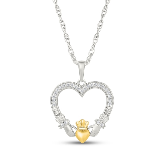 Diamond Claddagh Heart Necklace 1/10 ct tw Sterling Silver & 10K Yellow Gold 18"