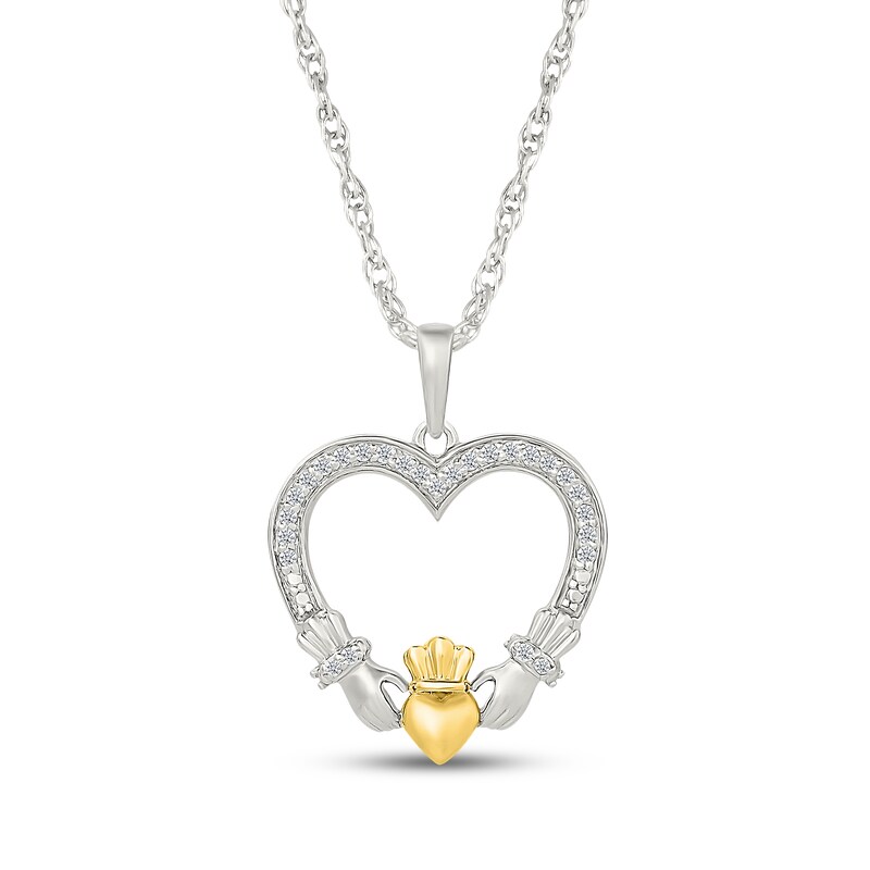 Main Image 1 of Diamond Claddagh Heart Necklace 1/10 ct tw Sterling Silver & 10K Yellow Gold 18"
