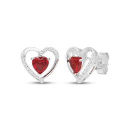Heart-Shaped Lab-Created Ruby & White Lab-Created Sapphire Heart Stud Earrings Sterling Silver