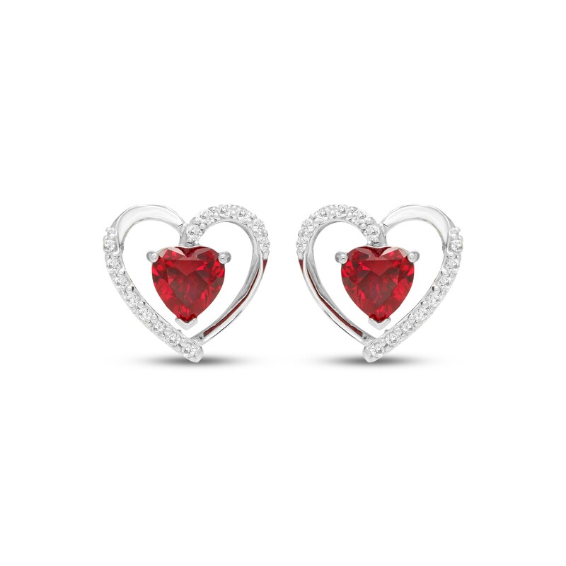Main Image 2 of Heart-Shaped Lab-Created Ruby & White Lab-Created Sapphire Heart Stud Earrings Sterling Silver
