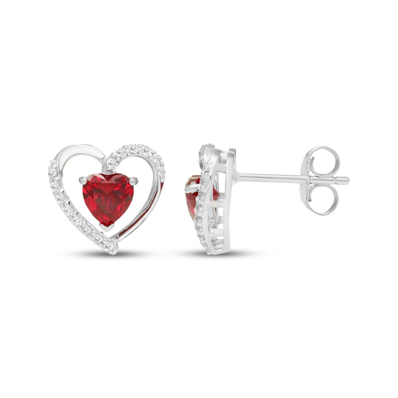 Main Image 3 of Heart-Shaped Lab-Created Ruby & White Lab-Created Sapphire Heart Stud Earrings Sterling Silver