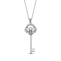 Cultured Pearl & White Lab-Created Sapphire Key Necklace Sterling Silver 18"