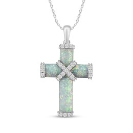 Lab-Created Opal & White Lab-Created Sapphire Cross Necklace Sterling Silver 18"
