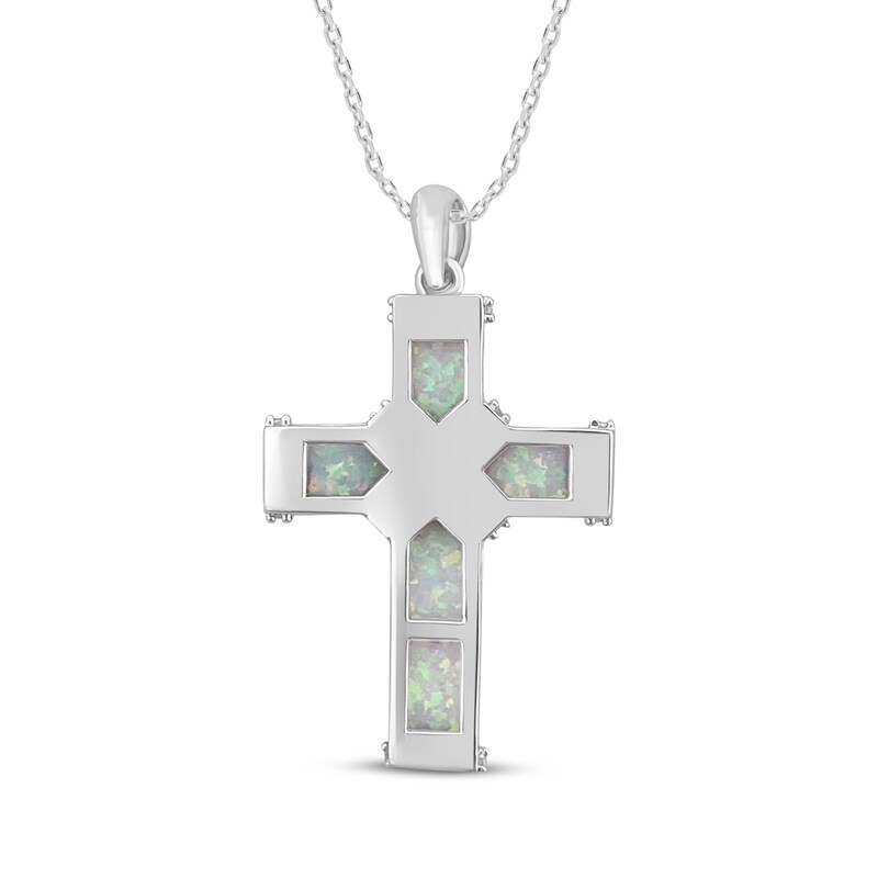 Main Image 3 of Lab-Created Opal & White Lab-Created Sapphire Cross Necklace Sterling Silver 18"