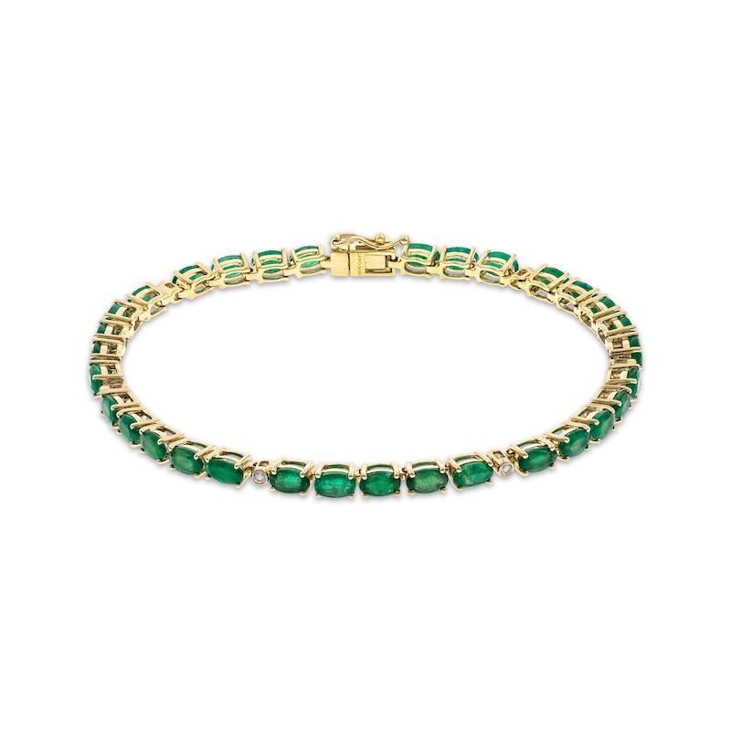 Main Image 1 of Oval-Cut Natural Emerald & Diamond Station Bracelet 1/15 ct tw 10K Yellow Gold 7.25"