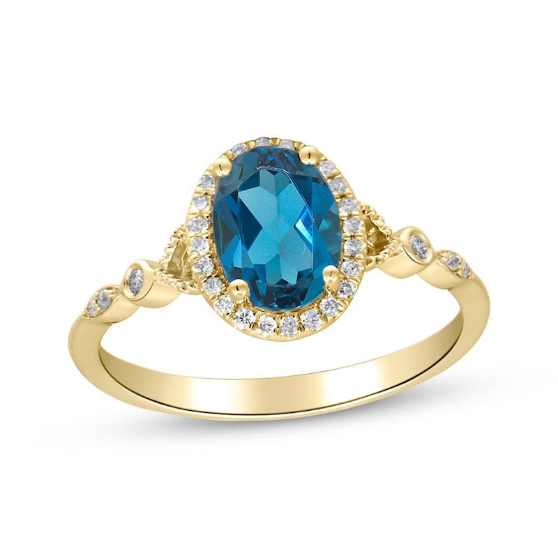 Main Image 1 of Oval-Cut London Blue Topaz & Diamond Halo Ring 1/10 ct tw 10K Yellow Gold