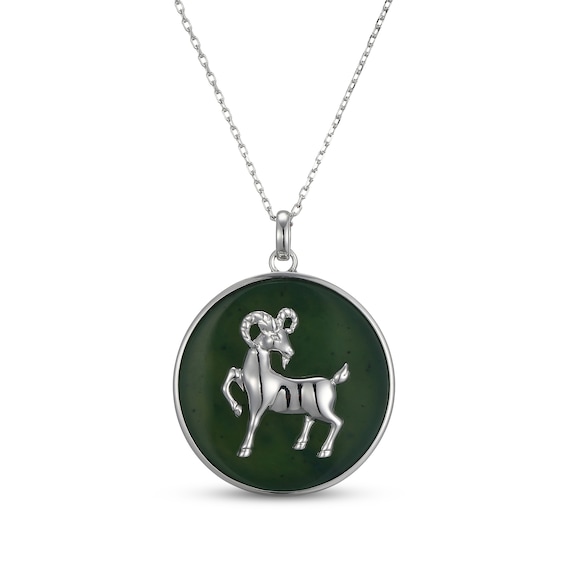 Nephrite Jade Year of the Goat Chinese Zodiac Necklace Sterling Silver 18"