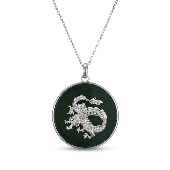 Nephrite Jade Year of the Dragon Chinese Zodiac Disc Necklace Sterling Silver 18"