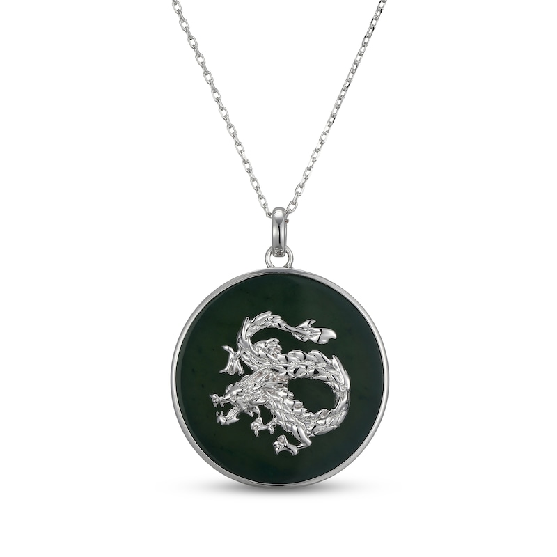 Main Image 1 of Nephrite Jade Year of the Dragon Chinese Zodiac Disc Necklace Sterling Silver 18"