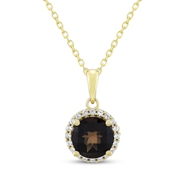 Smoky Quartz & White Lab-Created Sapphire Halo Necklace 24K Yellow Gold Vermeil Sterling Silver 18"