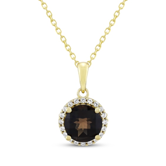Smoky Quartz & White Lab-Created Sapphire Halo Necklace 24K Yellow Gold Vermeil Sterling Silver 18"