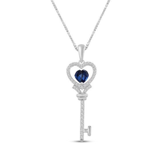 Heart-Shaped Blue Lab-Created Sapphire & White Lab-Created Sapphire Key Necklace Sterling Silver 18"