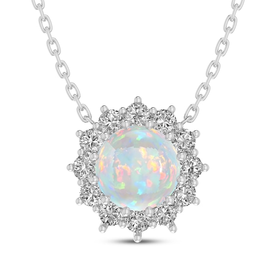 Lab-Created Opal & White Lab-Created Sapphire Starburst Halo Necklace Sterling Silver 18"