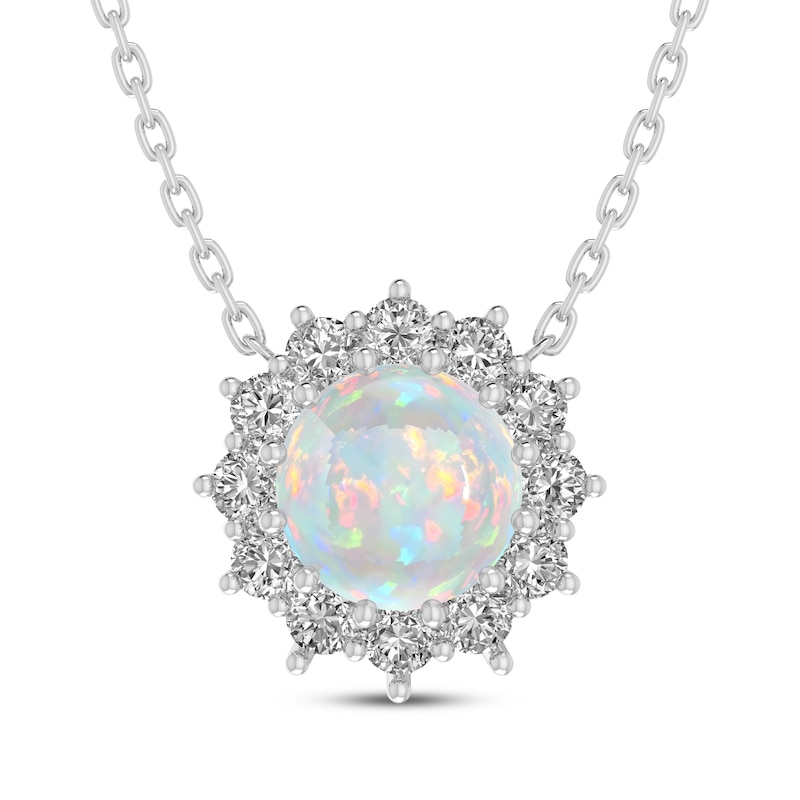 Main Image 1 of Lab-Created Opal & White Lab-Created Sapphire Starburst Halo Necklace Sterling Silver 18"