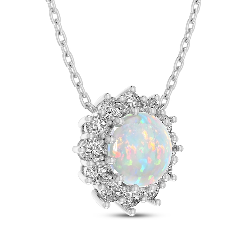 Main Image 2 of Lab-Created Opal & White Lab-Created Sapphire Starburst Halo Necklace Sterling Silver 18"
