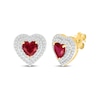 Thumbnail Image 1 of Heart-Shaped Lab-Created Ruby & White Lab-Created Sapphire Double Halo Stud Earrings 24K Yellow Gold Vermeil Sterling Silver