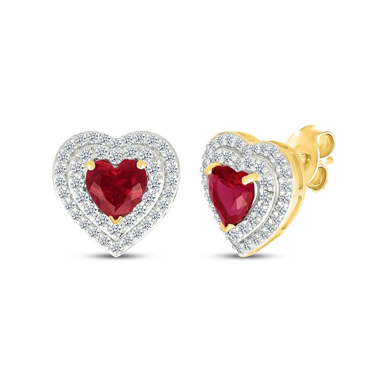Main Image 1 of Heart-Shaped Lab-Created Ruby & White Lab-Created Sapphire Double Halo Stud Earrings 24K Yellow Gold Vermeil Sterling Silver