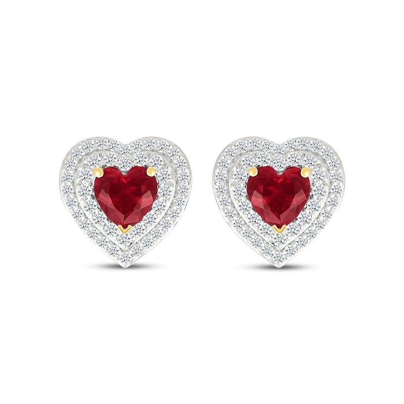 Main Image 2 of Heart-Shaped Lab-Created Ruby & White Lab-Created Sapphire Double Halo Stud Earrings 24K Yellow Gold Vermeil Sterling Silver