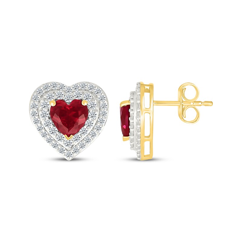 Main Image 3 of Heart-Shaped Lab-Created Ruby & White Lab-Created Sapphire Double Halo Stud Earrings 24K Yellow Gold Vermeil Sterling Silver