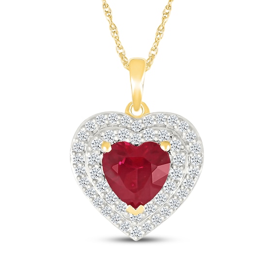 Heart-Shaped Lab-Created Ruby & White Lab-Created Sapphire Double Halo Necklace 24K Yellow Gold Vermeil Sterling Silver 18"