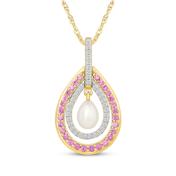 Cultured Pearl, Diamond & Pink Lab-Created Sapphire Teardrop Necklace 1/6 ct tw 10K Yellow Gold 18"