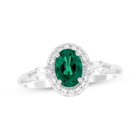 Oval-Cut Lab-Created Emerald & White Lab-Created Sapphire Halo Ring Sterling Silver