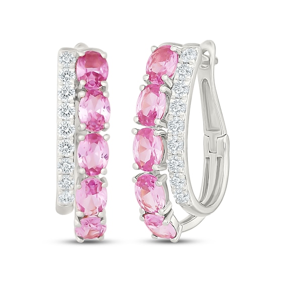 Oval-Cut Pink Lab-Created Sapphire & White Lab-Created Sapphire J-Hoop Earrings Sterling Silver