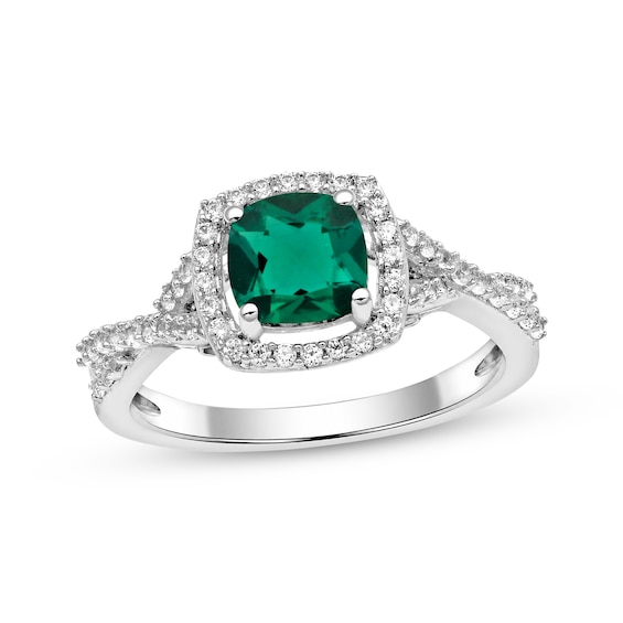 Cushion-Cut Lab-Created Emerald & White Lab-Created Sapphire Halo Ring Sterling Silver