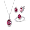 Thumbnail Image 0 of Pear-Shaped Lab-Created Ruby & Round-Cut White Lab-Created Sapphire Stud Earrings, Necklace & Ring Gift Set Sterling Silver 18" - Size 7