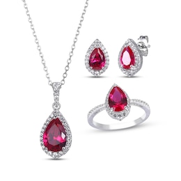 Pear-Shaped Lab-Created Ruby & Round-Cut White Lab-Created Sapphire Stud Earrings, Necklace & Ring Gift Set Sterling Silver 18&quot;