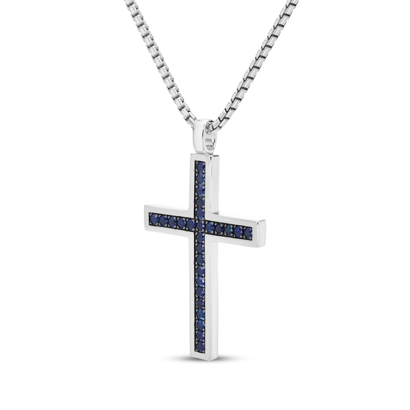 Men's Lab-Created Sapphire Cross Necklace Sterling Silver 22"