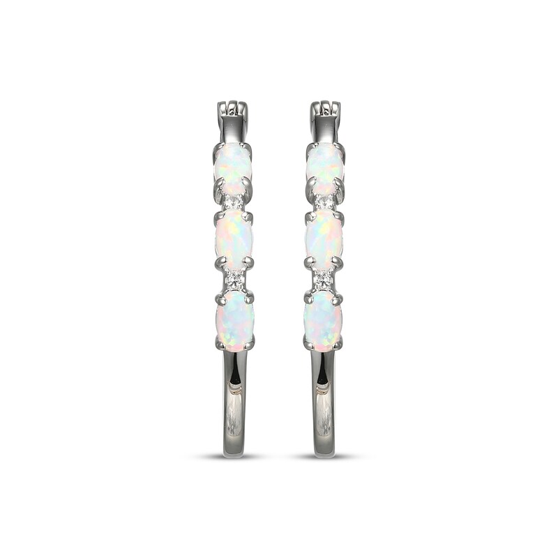 Main Image 2 of Oval-Cut Lab-Created Opal & White Lab-Created Sapphire Hoop Earrings Sterling Silver