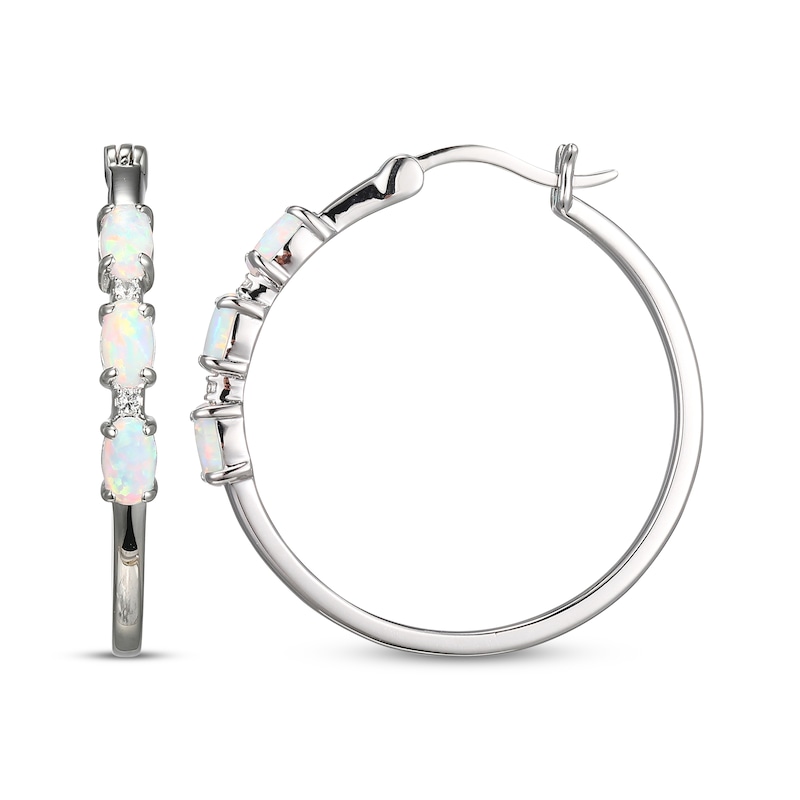 Main Image 3 of Oval-Cut Lab-Created Opal & White Lab-Created Sapphire Hoop Earrings Sterling Silver