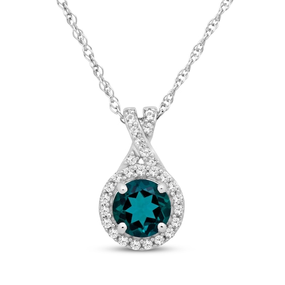 Lab-Created Emerald & White Lab-Created Sapphire Halo Necklace Sterling Silver 18"