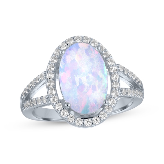 Oval-Cut Lab-Created Opal & White Lab-Created Sapphire Ring Sterling Silver