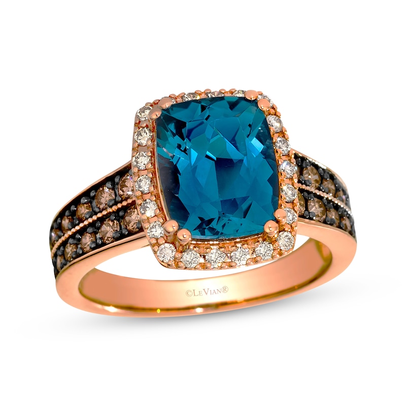 Main Image 1 of Le Vian Cushion-Cut Blue Topaz Ring 1/2 ct tw Diamonds 14K Strawberry Gold