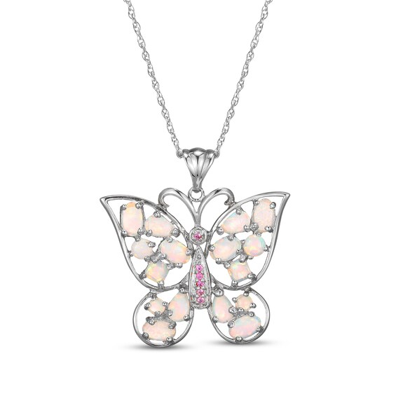 Multi-Shape Lab-Created Opal & Pink Lab-Created Sapphire Butterfly Necklace Sterling Silver 18"