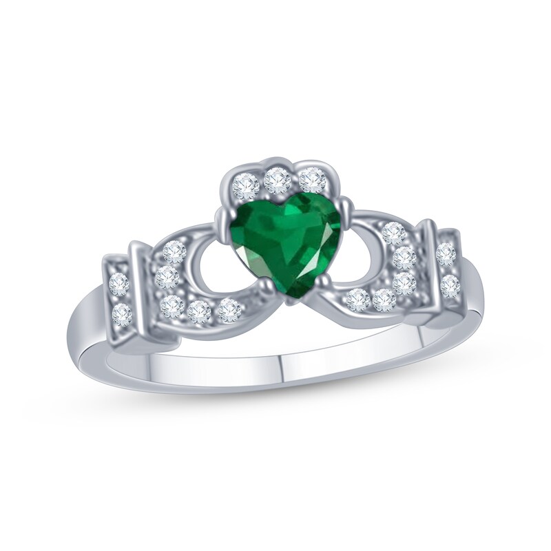 Main Image 1 of Heart-Shaped Lab-Created Emerald & White Lab-Created Sapphire Claddagh Ring Sterling Silver