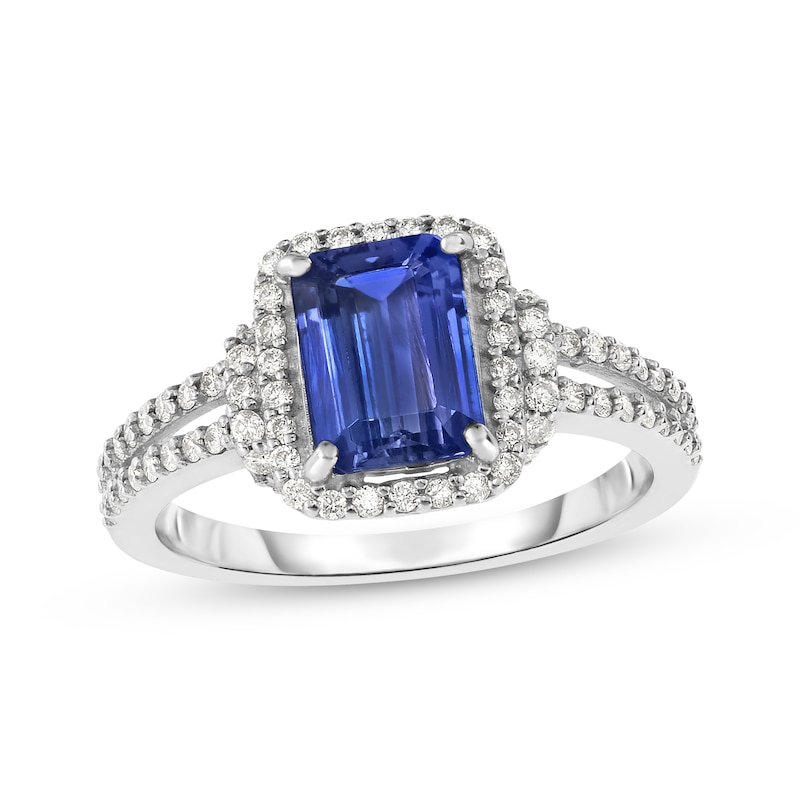 Main Image 1 of Octagon-Cut Blue Lab-Created Sapphire & White Lab-Created Sapphire Ring Sterling Silver