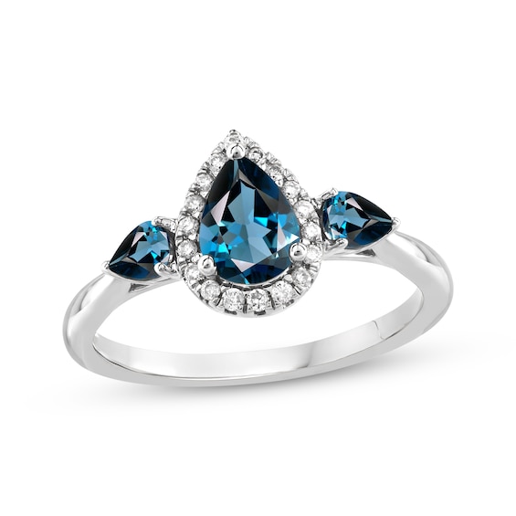 Memories Moments Magic Pear-Shaped London Blue Topaz & Diamond Three-Stone Ring 1/10 ct tw Sterling Silver